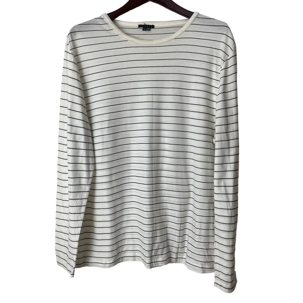 THEORY Men’s White Black Striped Long Sleeve T-Shirt Size XL Casual Mercerized